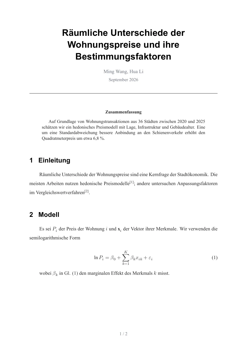 Räumliche Unterschiede der Wohnungspreise und ihre Bestimmungsfaktoren — 1
