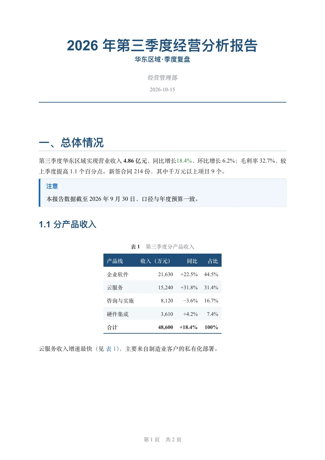 2026 年第三季度经营分析报告 — 1